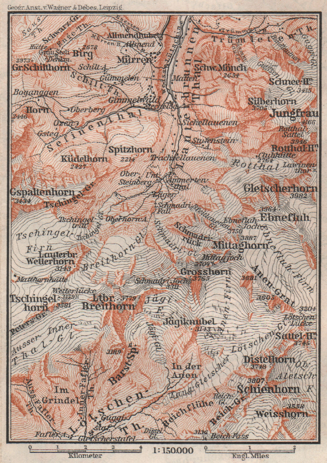 UPPER LAUTERBRUNNEN VALLEY. Mürren Grosshorn Breithorn Jungfrau. SMALL 1897 map